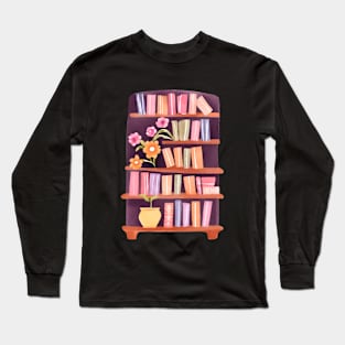 Cute Watercolor Bookshelf with Flowers and Books Long Sleeve T-Shirt